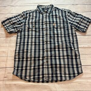 Carhartt Button Down Shirt Short Sleeve Relaxed Fit Blue Plaid Men's Medium